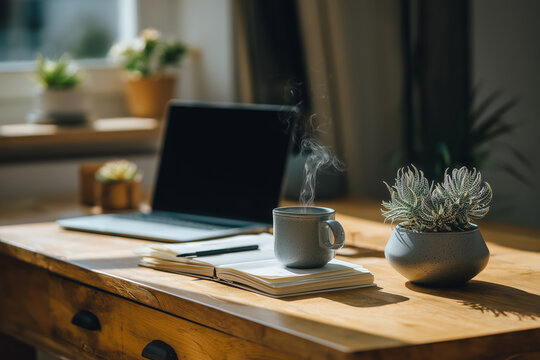 Cozy workspace featuring a steaming coffee cup, laptop, notebook and succulent plants bathed in natural light, perfect for remote work inspiration