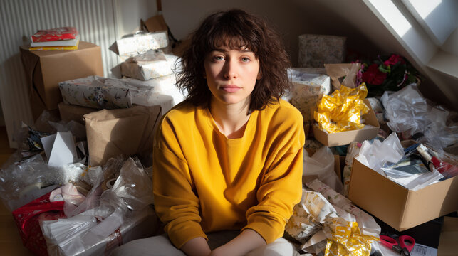 Young woman with curly hair sitting amidst a sea of colorful gift-wrapped packages in a cozy indoor setting, capturing emotions of surprise and joy