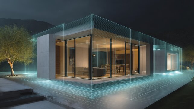 Futuristic smart home at night with digital holographic overlay
