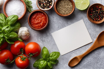 Delicious ingredients and blank card ready for your recipe or food blog post, featuring tomatoes, basil, garlic, and spices for culinary inspiration