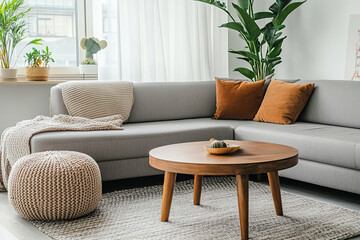 Bright space displays interior design with comfy sofa, creating knitted style, that has a round design, a nice window to place light and create a neutral place to live.