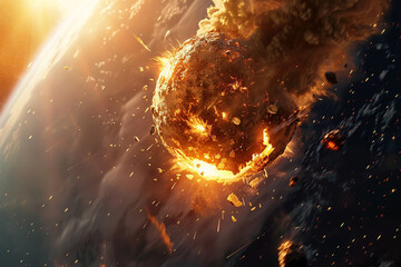 Striking image of meteor approaching Earth, signifying potential catastrophe. Fiery trail is visible, capturing scale of event. Perfect for representing end of times, 
