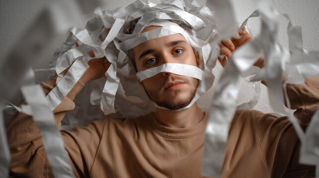 Young man surrounded by paper strips creating a unique artistic expression of confusion and creativity in a minimalistic studio setting
