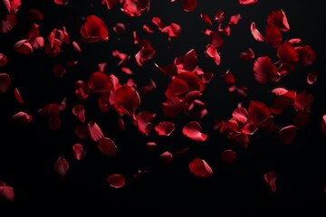 Red rose petals falling against a black background, creating a romantic and elegant atmosphere