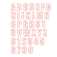 Polka dot patterned alphabet and numbers with pink and coral colors on transparency background
