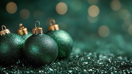 Fototapeta premium Shiny green Christmas ornaments on a festive background