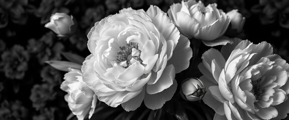Black and white baroque-style image of a vintage peony bouquet Elegant floral pattern, perfect for wallpaper or greeting cards, monochrome, black and white