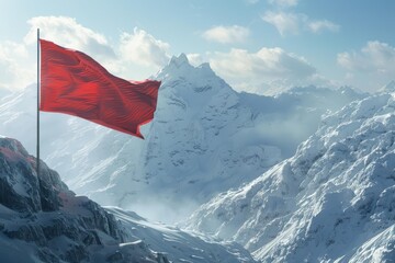Red flag waving proudly atop a snow covered mountain peak, symbolizing achievement, leadership, and reaching new heights