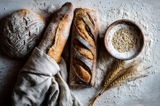 Artisan bread display with rustic charm, perfect for bakery ads or food blog posts, featuring delicious loaves, flour, oats, and wheat stalks on wood - Powered by Adobe