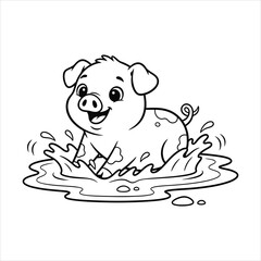 A Little pig playing in the mud black line art, white background