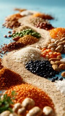 Diverse healthy dry foods creating a wavy pattern