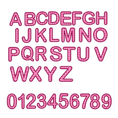 Pink checkered alphabet and number set with glowing effect transparency background