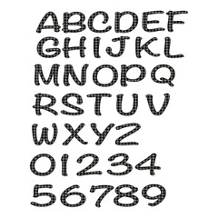 Alphabet and number set with black and gray checkered pattern transparency background