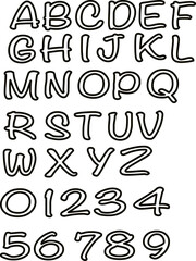 Hand drawn black alphabet and numbers with playful style on transparency background