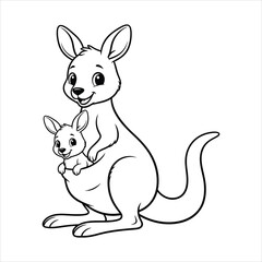 A Little kangaroo joey peeking from pouch black line art, white background