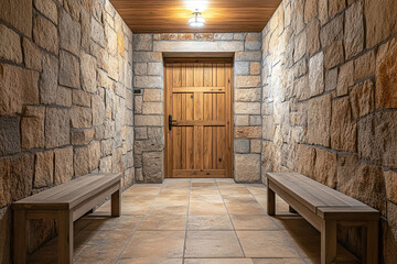 Stone wall, is the beginning for the rustik design and old vibes. Wooden doors a connection for you in home that you needed.