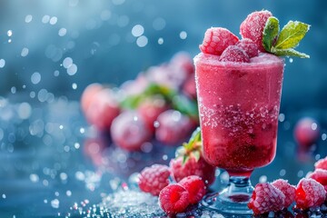 Refreshing raspberry smoothie garnished with mint and frozen raspberries on a vibrant blue background with ice crystals