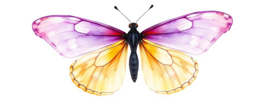 Delicate watercolor butterfly in pastel purple and yellow, isolated on white Ideal for cards, posters, stickers, and scrapbooking,  fauna,  cute