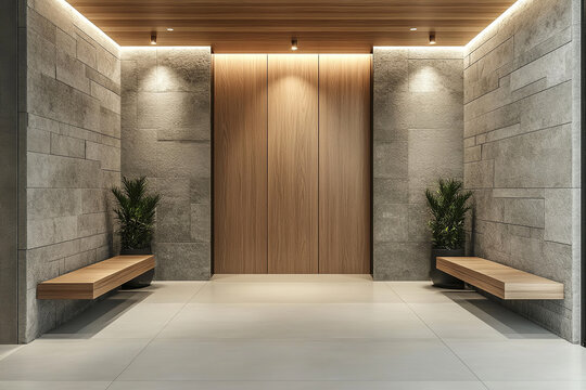 Modern corridor with stone wall and wooden door creating elegant and minimalist entrance. Clean lines and natural texture define this sophisticated space.