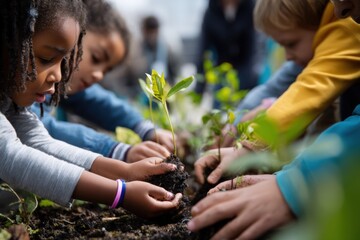 Children engage in planting seedlings during a community gardening event in springtime