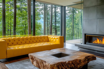 Modern living room featuring a stylish yellow sofa, unique wooden table, and breathtaking forest view, for fresh interior design presentations.