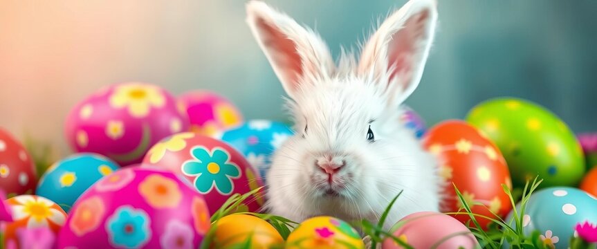 Fluffy white bunny peeking from behind vibrant Easter eggs,  nature,  pastel