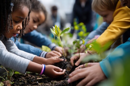 Children engage in planting seedlings during a community gardening event in springtime - Powered by Adobe