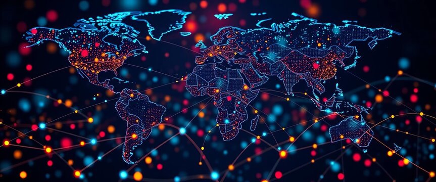 Global network data flow visualized, smartphone & IoT devices connected,  technology,   web
