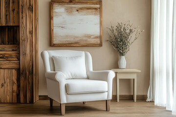 Relaxing rustic furniture features a inviting milk gentle armchair, a rustic board and batten wall, and charming d&eacute;cor, for peaceful moments.