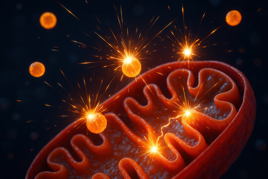 Visualization of reactive oxygen species and free radicals colliding with mitochondrial membrane, causing dynamic spark reactions and micro explosions inside cell