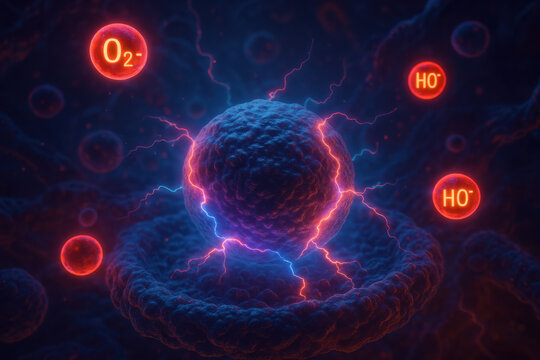 Dramatic cellular micro environment showing textured nucleus under attack from floating oxidant molecule. Dynamic chemical activity with intense neon lighting and energy arcs