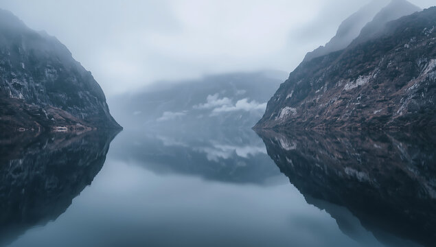 A majestic Nordic fjord surrounded by towering mountains is mirrored perfectly in the calm water, creating a dramatic and breathtaking natural landscape filled with depth, symmetry, and tranquil atmos