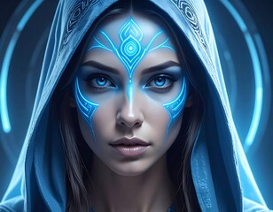 Close-up of a hooded woman with bright blue eyes and intricate glowing blue patterns painted on her face