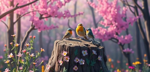 Pixel art birds on blooming stump, whimsical forest ,  sweet,  animated