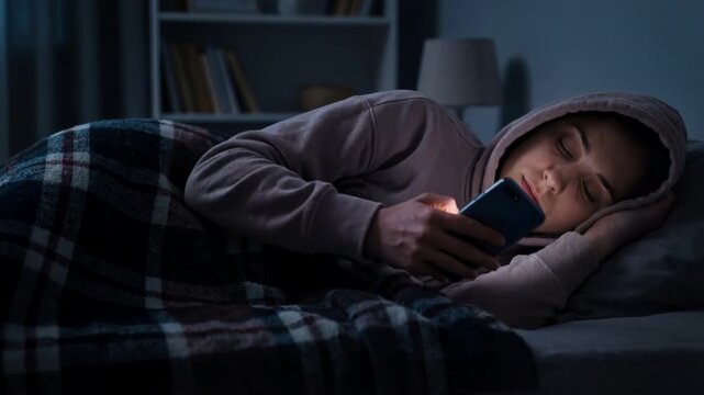 Young woman scrolling on smartphone while lying in bed at night, hoodie and blanket in dim bedroom light suggest insomnia, late screen time and digital distraction before sleep
