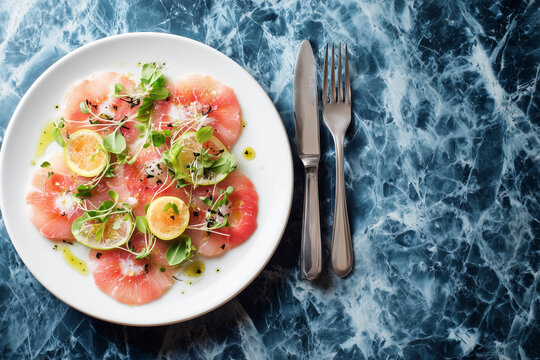Elegant citrus carpaccio with fresh microgreens served on marble, perfect for a modern culinary blog or vibrant food magazine feature, delicious and healthy