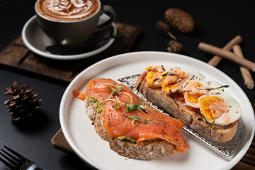 Smoked Salmon and Avocado Mash Sourdough Toast with Soft-Boiled Egg, and Mentaiko Sourdough Toast
