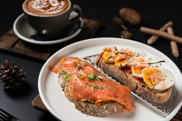 Smoked Salmon and Avocado Mash Sourdough Toast with Soft-Boiled Egg, and Mentaiko Sourdough Toast