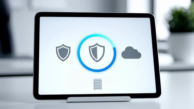 Tablet device displays cloud security interface with shield icons and server database symbols. Digital cybersecurity concept for data protection, encrypted storage and network safety. Modern