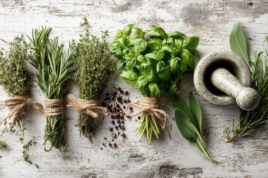 Culinary herbs fresh from the garden rosemary, thyme, basil and sage ready for cooking with mortar and pestle on white wooden surface, rustic charm