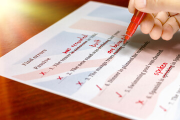 English test with red correction words