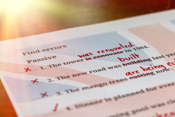 English test with red correction words