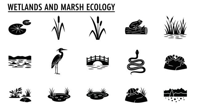 Wetlands and marsh ecology icons: plants, animals, and landscape elements.
