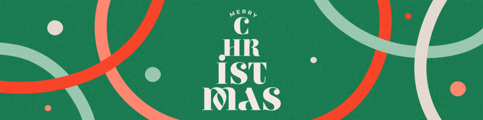 Geometric Christmas banner with bold red and green rings with soft grain texture. Modern holiday layout with decorative circles and clean festive typography