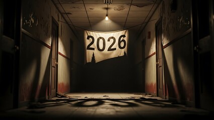 Creepy hallway banner announces 2026 in eerie setting evokes suspenseful thriller vibes and dark mystery