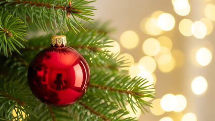 Obraz premium Classic red Christmas ornament hanging on a vibrant green pine tree with twinkling golden lights creating a warm festive holiday spirit and joyful celebration