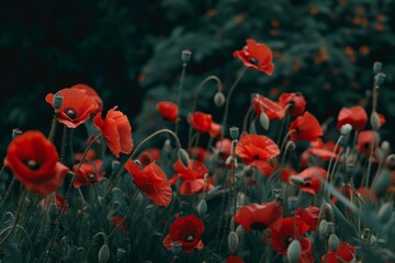 Red poppies blooming in the summer meadow creating a beautiful floral nature background
