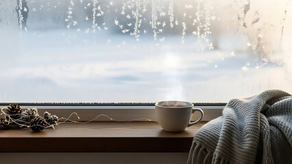 Cozy winter scene featuring steaming mug by frosted window and warm knit blanket, inviting relaxation and peaceful moments indoors, ideal for seasonal promotions