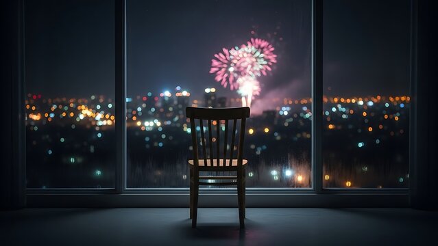 Celebrate independence viewing vibrant fireworks from cozy apartment window with city lights below