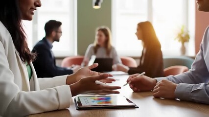 Business team meeting at conference table with tablet displaying charts. Professional colleagues engaged in corporate discussion and strategic planning session. Modern office workspace - Powered by Adobe